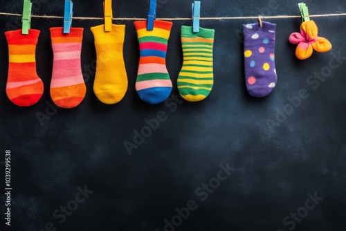 A colorful display of knitted socks hanging on a clothesline against a dark background, creating a cheerful and playful atmosphere.