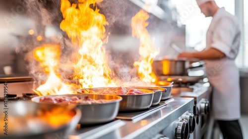 A chef expertly manages multiple pans, creating vibrant flames while mastering culinary skills in a professional kitchen.