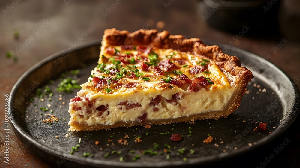 A slice of quiche Lorraine, with eggs, cream, bacon, and cheese baked into a buttery crust.
A slice of quiche Lorraine, with eggs, cream, bacon, and cheese baked into a buttery crust.
