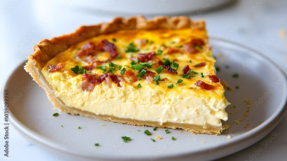 A slice of quiche Lorraine, with eggs, cream, bacon, and cheese baked into a buttery crust.
A slice of quiche Lorraine, with eggs, cream, bacon, and cheese baked into a buttery crust.