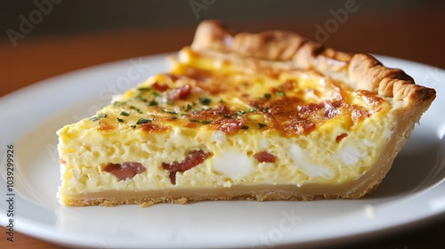 A slice of quiche Lorraine, with eggs, cream, bacon, and cheese baked into a buttery crust.