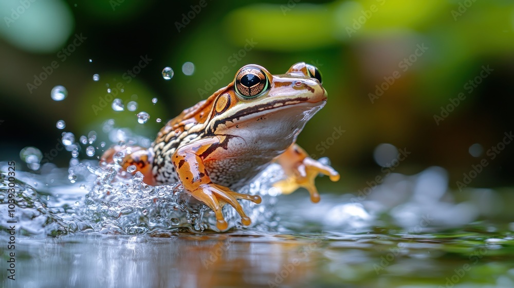 Fototapeta premium A frog leaping through water, creating splashes in a natural setting.