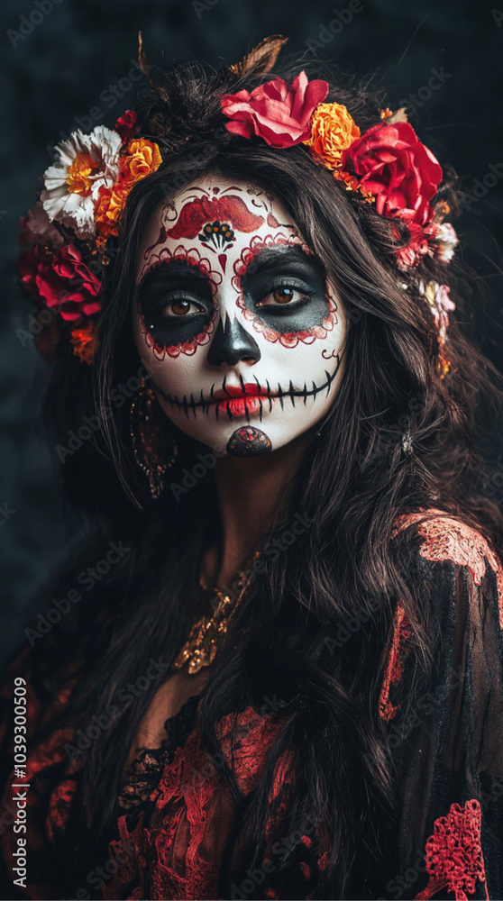 Girl in Day of the Dead makeup with her whole body in the frame on a black screen background Girl in Day of the Dead makeup with her whole body in the frame on a black screen background