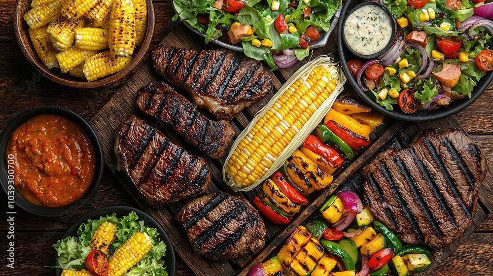 Fototapeta premium Grilled steaks and vegetables with salads and sides on a wooden table.