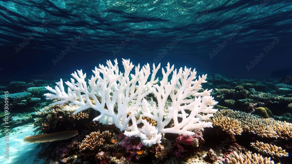 Obraz premium Coral reef underwater with vibrant marine life, clear blue water, and sunlight filtering.