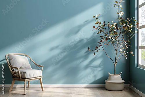 A cozy living room with a light blue wall, a wooden chair with a white pillow, and a potted plant casting shadows across the room. The room is filled with natural light, creating a peaceful and inviti photo