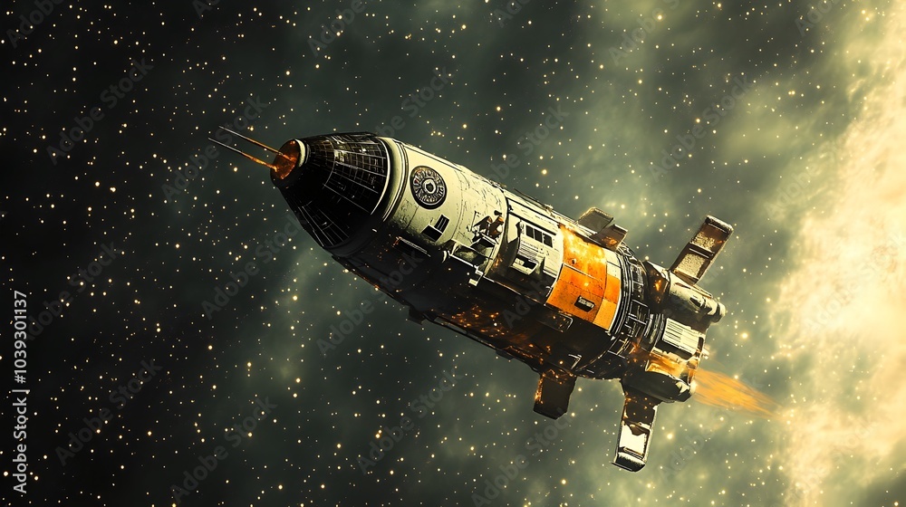 Wide Angle Shot of Futuristic Spaceship in Vibrant Cosmic Atmosphere with Dramatic Lighting and Smoke Plumes Wide Angle Shot of Futuristic Spaceship in Vibrant Cosmic Atmosphere with Dramatic Lighting and Smoke Plumes