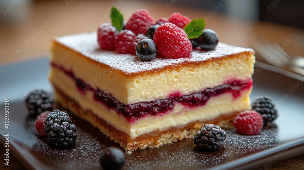 A delicious layered dessert topped with fresh berries and mint. A delicious layered dessert topped with fresh berries and mint.