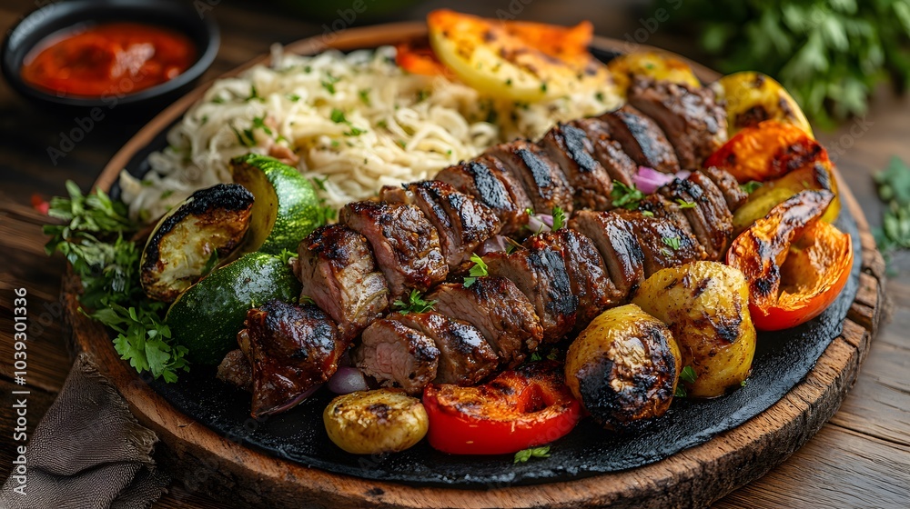 A Turkish kebab, with marinated lamb and grilled vegetables.


