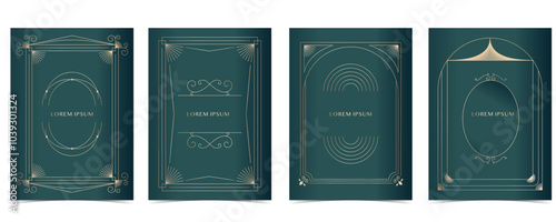 Vintage deco frame on dark green backgronud. Abstract decoration template for a4 vertical design photo