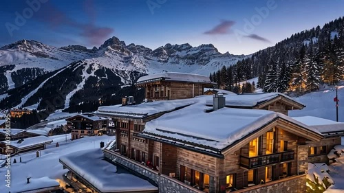 The snowy slopes at an exclusive alpine resort. The scene includes a cozy chalet, après-ski in a luxury lounge, and breathtaking mountain views.