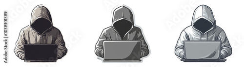 3D hooded figures with laptops isolated on transparent PNG background for hacker and cyber-themed illustrations