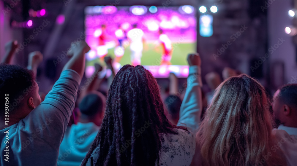 A group of fans cheer while watching a live sports event on a big screen, celebrating a moment of excitement together. A group of fans cheer while watching a live sports event on a big screen, celebrating a moment of excitement together.