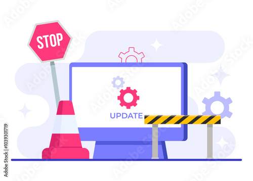Computer with software update screen flat vector illustration, System maintenance, update process, install software, operating system