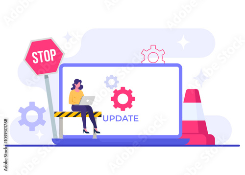laptop with software update screen flat vector illustration, System maintenance, update process, install software, operating system