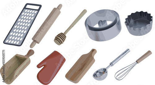 Art & Illustration, 3d kitchen spoon utensil vector knife cutlery cook set cooking food isolated restaurant spatula chef tableware pan kitchenware meal ladle illustration metal dinner realistic wood 