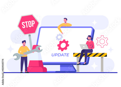 Computer with software update screen flat vector illustration, System maintenance, update process, install software, operating system