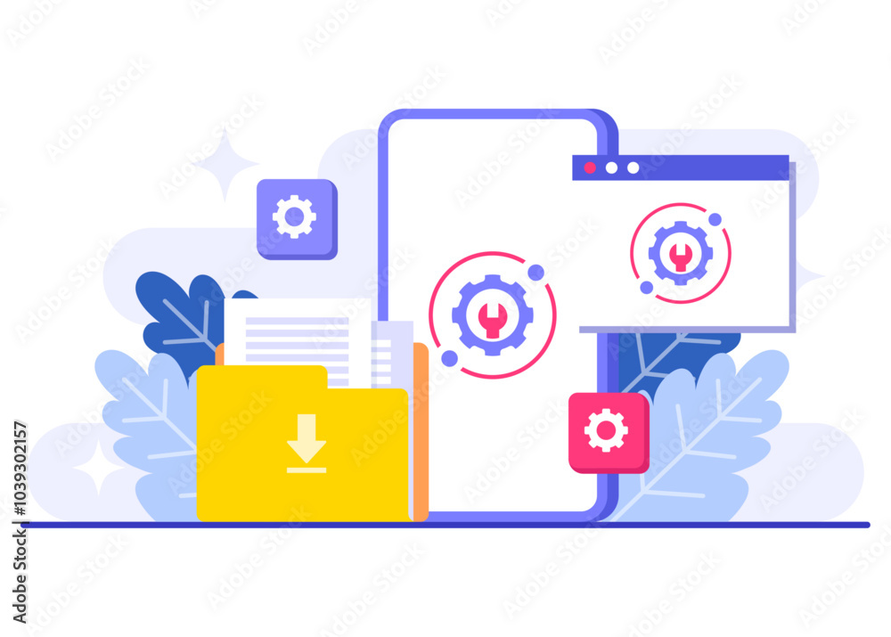 System maintenance flat vector illustration, Error, Fixing trouble, Device updating, Software system under maintenance, Software upgrade process on devices, People update operation system