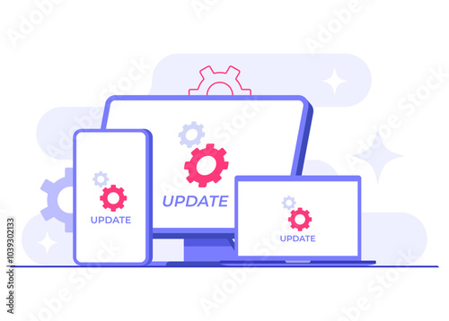 Devices with software update screens flat vector illustration, System maintenance, update process, install software, operating system