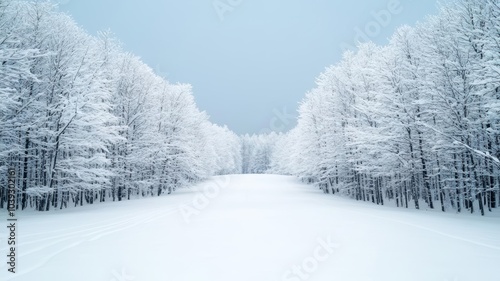 Serene snow-covered forest, trees standing still in a deep winter silence, calming blue twilight Winter wonderland, stillness