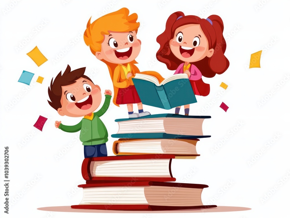 Joyful Children Celebrating Reading Together on a Stack of Books Joyful Children Celebrating Reading Together on a Stack of Books