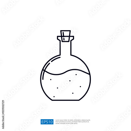 Line art vector icon of potion bottle with cork stopper. Magic elixir, herbal remedy,  magical drink.