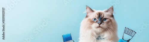 A fluffy cat poses with grooming tools against a light blue background, showcasing pet care essentials in a vibrant scene.