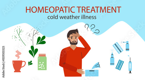 Homeopathic treatment and phytotherapy. Sick man consult with doctor. Herbal  medicine, pharmacy. Alternative medicine concept. Vector hand drawn flat cartoon illustration. cold weather illness.