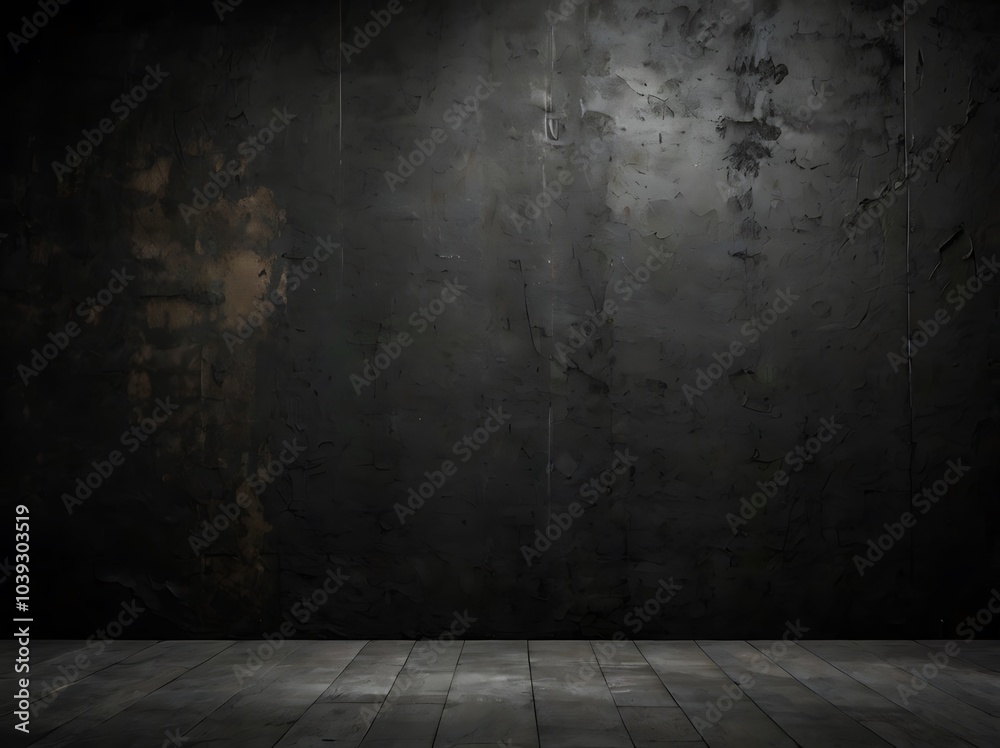 Rough black wall texture background with dark concrete floor creating an old grunge appearance
