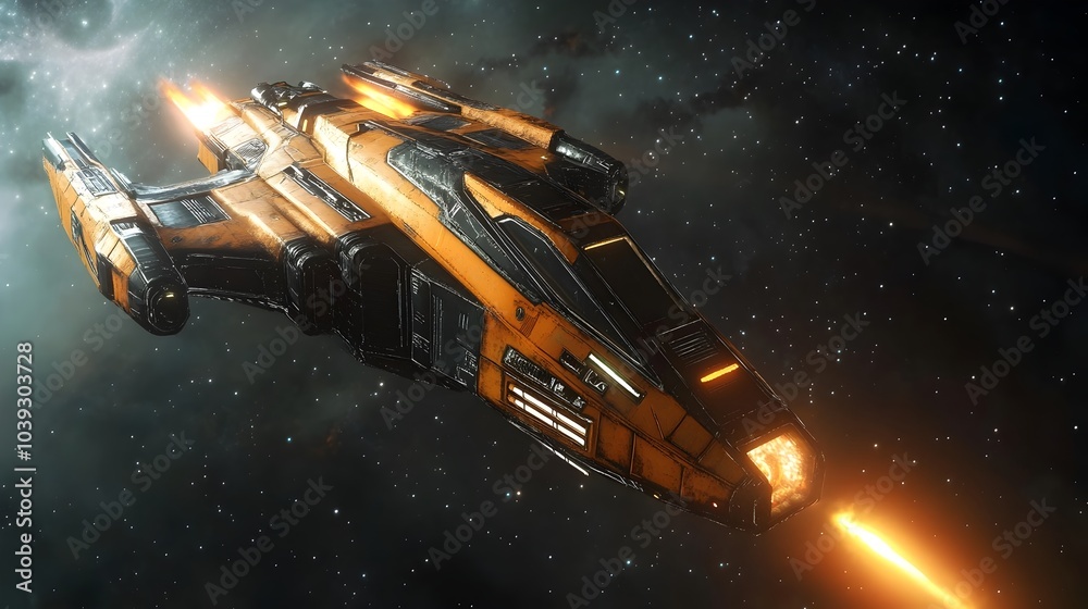 Futuristic Sci Fi Spacecraft Soaring Through Cosmic Expanse with Fiery Propulsion Futuristic Sci Fi Spacecraft Soaring Through Cosmic Expanse with Fiery Propulsion