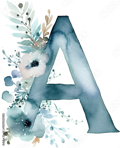 Capital Letter A Watercolor Floral Dusty Blue Vintage Elegant Soft,wedding invitation card,Monogram,flower,rose,wreath,arrangement,frame,Typography,Decorative,Alphabet,Botanical,Graphic design photo