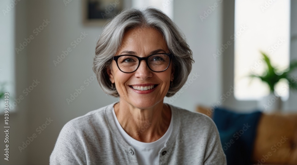 Smiling middle aged mature gray haired woman looking at camera, happy old lady in glasses posing at home indoor, positive single senior retired female sitting on sofa in living room headshot portrait Smiling middle aged mature gray haired woman looking at camera, happy old lady in glasses posing at home indoor, positive single senior retired female sitting on sofa in living room headshot portrait
