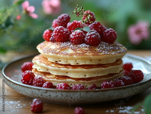 Wallpaper Mural Stack of pancakes with raspberries and syrup on white plate. Torontodigital.ca