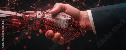 A futuristic handshake between a human and a robotic arm, symbolizing collaboration.