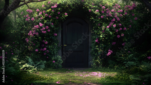 A black door with a green archway and pink flowers in front of it. The door is surrounded by a lush green garden