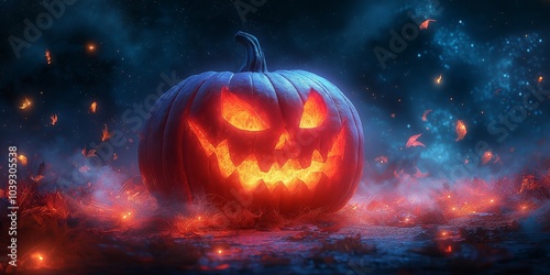 Night Halloween background with pumpkins, candles, bat and castle background, banner background.