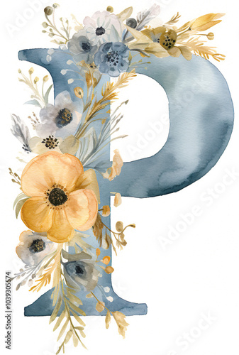 Capital Letter P Watercolor Floral Dusty Blue Vintage Elegant Soft,wedding invitation card,Monogram,flower,rose,wreath,arrangement,frame,Typography,Decorative,Alphabet,Botanical,Graphic design photo