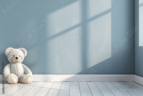A fluffy white teddy bear sits on a light wood floor in a room with a blue wall and a window casting a shadow.  Perfect for a child's room.