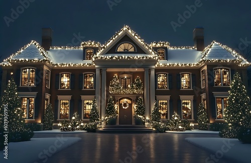 A luxurious home with outdoor Christmas lights, showcasing the grandeur of its architecture and festive decorations