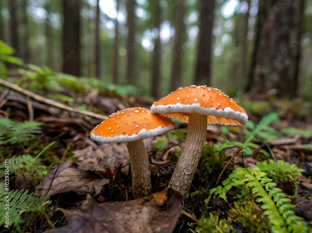 White and orange cap mushrooms growing naturally in the woods surrounded by forest vegetation
