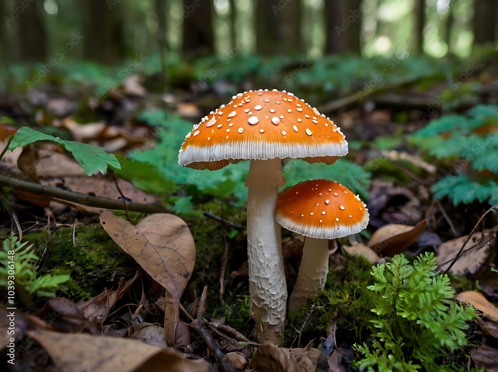 White and orange cap mushrooms growing naturally in the woods surrounded by forest vegetation
White and orange cap mushrooms growing naturally in the woods surrounded by forest vegetation