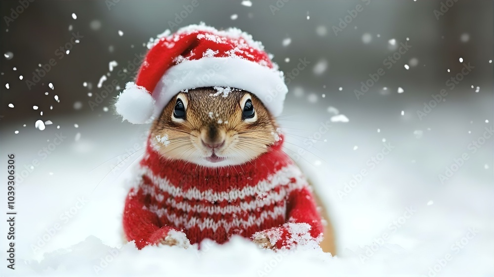 A cute chipmunk in a red and white santa hat. The chipmunk is sitting in the snow A cute chipmunk in a red and white santa hat. The chipmunk is sitting in the snow