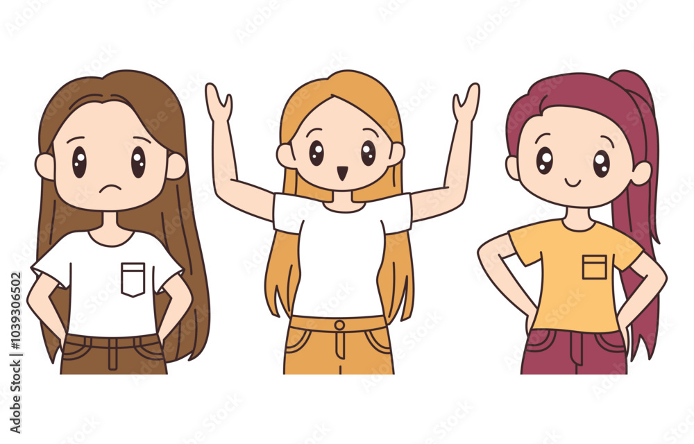 Collection of Cute Beautiful Long Haired Girl Cartoon Character Pose Collection of Cute Beautiful Long Haired Girl Cartoon Character Pose