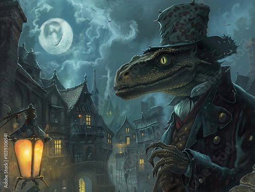 Dinosaur Gentleman in a Medieval City at Night photo