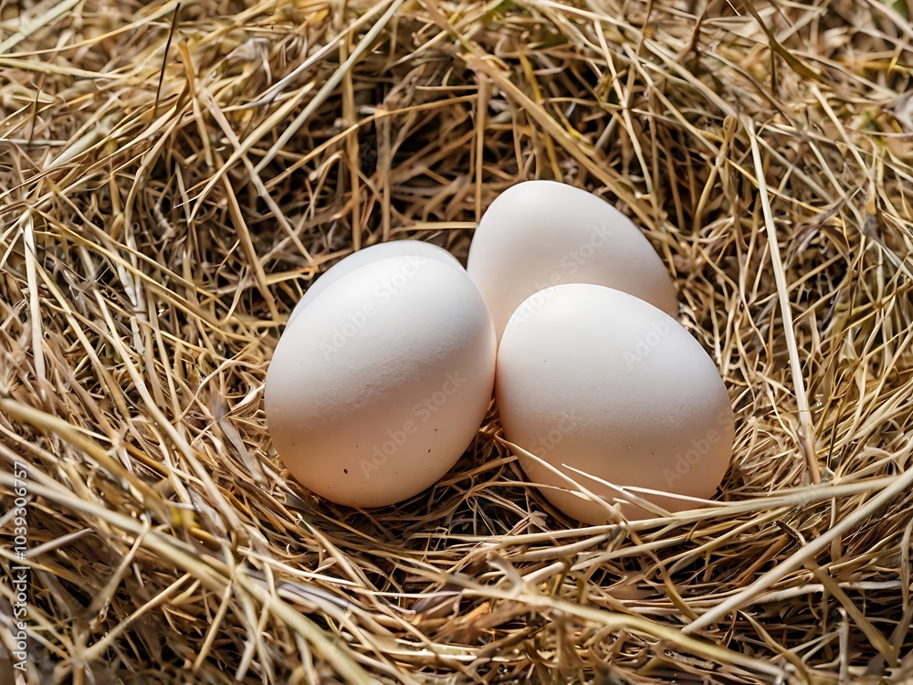 White chicken eggs neatly arranged in a straw grass nest, natural farm-fresh presentation
White chicken eggs neatly arranged in a straw grass nest, natural farm-fresh presentation