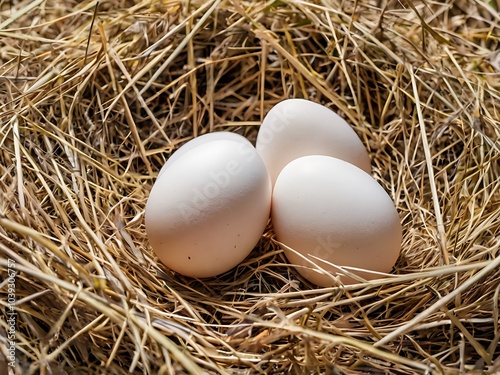 White chicken eggs neatly arranged in a straw grass nest, natural farm-fresh presentation 