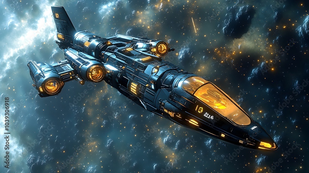 Obraz premium Futuristic Sci Fi Spacecraft Soaring Through a Cosmic Battlefield