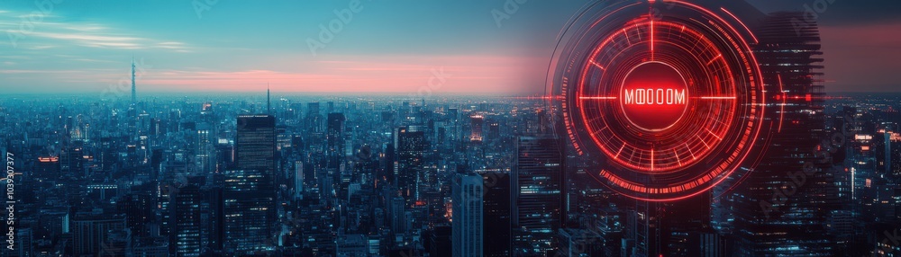 Obraz premium A stunning view of a futuristic city skyline illuminated by a neon-red target symbol, showcasing urban architecture at twilight.
