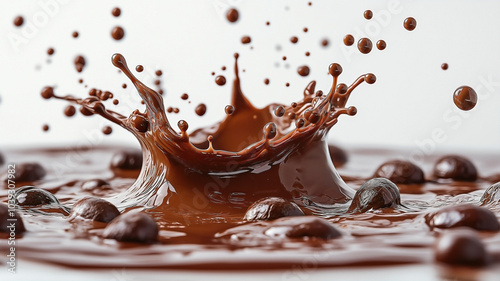 splash of liquid chocolate. several whole coffee beans visible within and around the splash. 