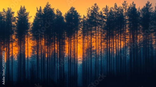 Silhouette of a forest with a glowing orange sky behind it.